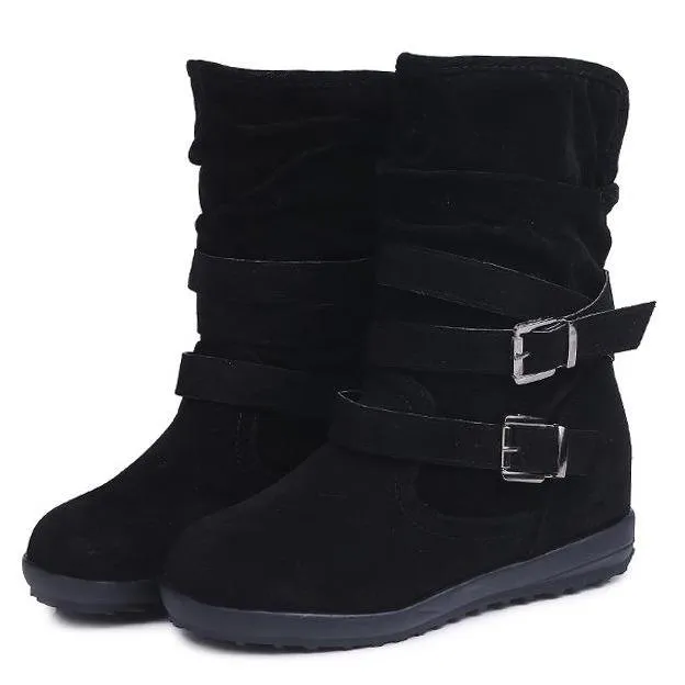 Warm lined mid calf slouch boots with buckle straps