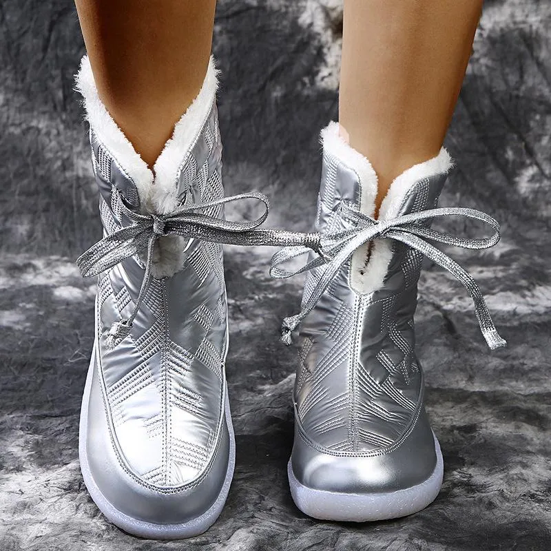 Women Fall Winter Turn Down Lining Faux Fur Lace Up Flat Heel Snow Boots