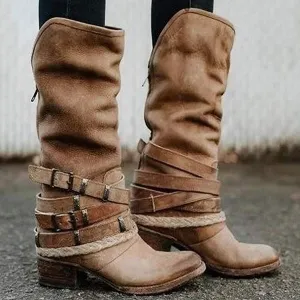 Women'S Chunky Heel Vintage Belt Buckle Boots 51764719C