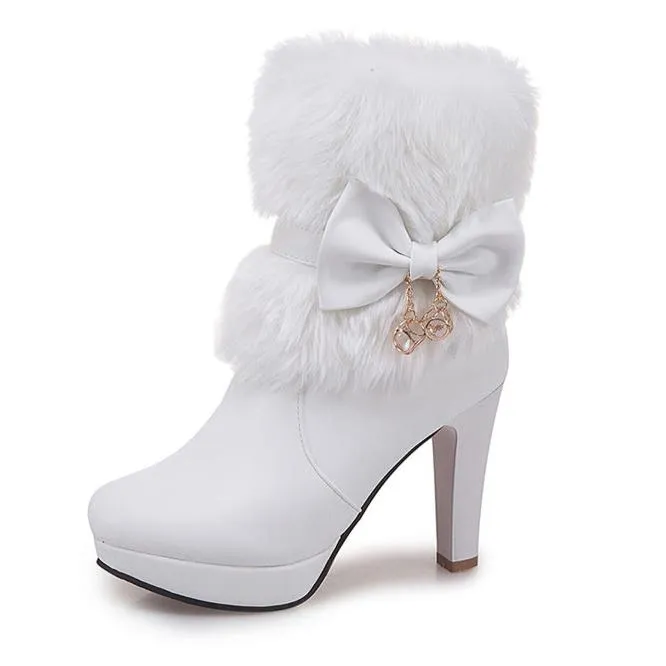 Women's sweet fuzzy cuff bow décor booties for Christmas/wedding