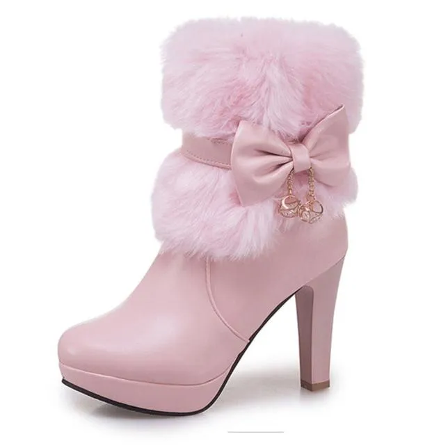 Women's sweet fuzzy cuff bow décor booties for Christmas/wedding