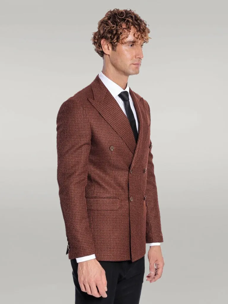 WSS Houndstooth Patterned Brown Men Double Breasted Blazer  - Singen