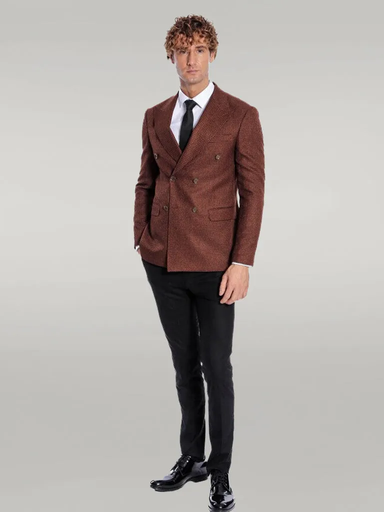 WSS Houndstooth Patterned Brown Men Double Breasted Blazer  - Singen
